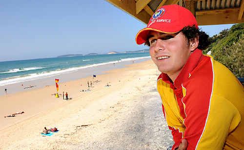 Lifeguard Lleam Rees pictured at work earlier this year at Rainbow Beach. Lifeguard Lleam Rees pictured at work earlier this year at Rainbow Beach.